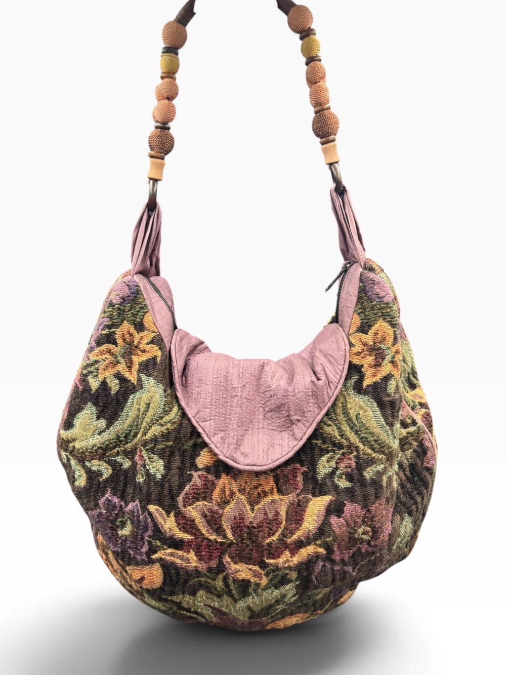 Floral Tapestry Hobo Shoulder Bag Beaded Strap Mauve Boho 17x15 - Picture 4 of 15